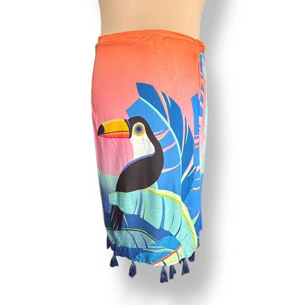 Farm Rio Toucan Sarong Wrap Midi Skirt Tassel Trim Tropical Resort Beach Coverup